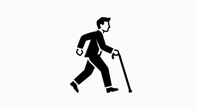 A male person holding a walking stick for mobility support during daily movement and personal travel across town while wearing formal business attire and shoes for professional workplace settings