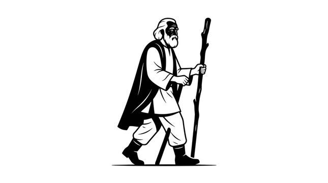 A mature traveler wearing traditional clothing walks through uncharted lands holding a sturdy wooden walking stick while journeying forward with purpose during an epic outdoor adventure quest
