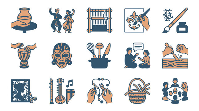 Set of 15 Intangible Cultural Heritage Icons Featuring Traditional Craftsmanship and Folk Arts