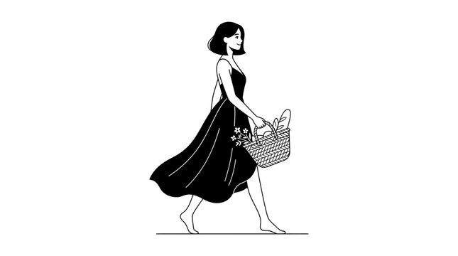 A young woman walking forward while carrying a woven basket filled with fresh bread and flowers for her weekend picnic in the park during the afternoon sun shining brightly upon everyone