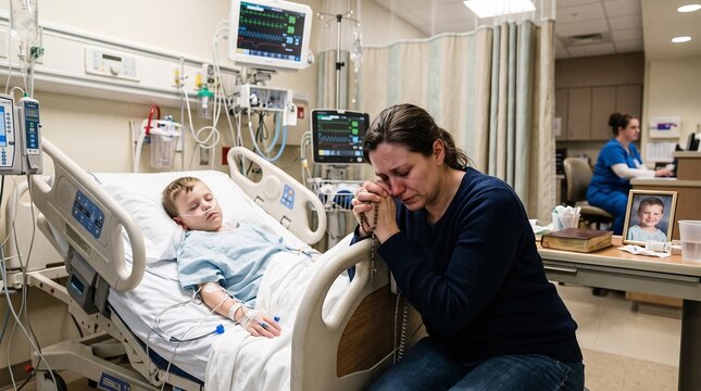 Worried mother praying for sick child in hospital bed
