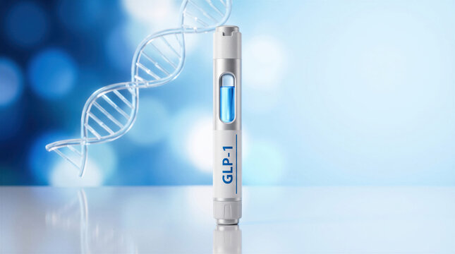 GLP-1 autoinjector pen for diabetes and obesity treatment with dna biotechnology and pharmaceutical concept.