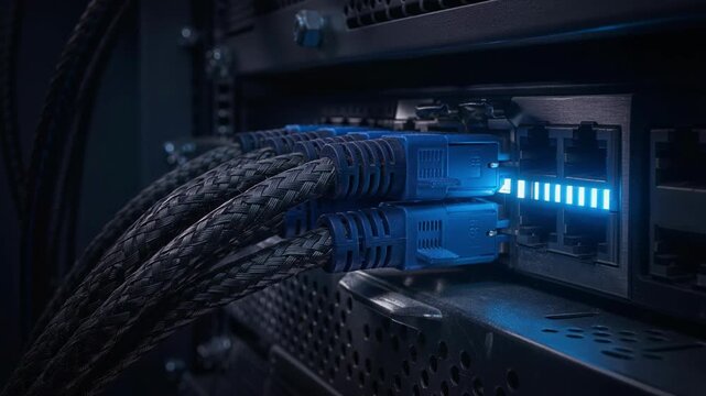 Close up of blue ethernet cables connected to a network switch with glowing LED indicators in dark server room