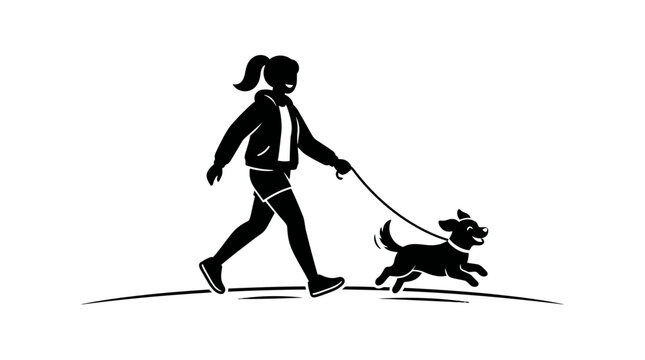 Black silhouette design representing a young woman walking happily with her loyal dog outdoors during a sunny afternoon journey through the neighborhood park trail while holding the leash tightly