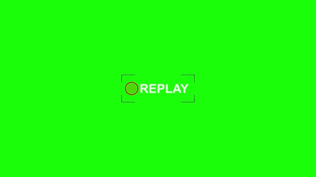 Animated REPLAY screen overlay with pulsing red recording dot and camera frame bracket on black and green screen background