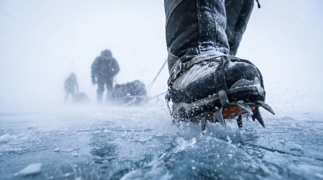 Explorer in crampons walking on frozen glacier during arctic blizzard expedition mountaineering and polar winter trek.