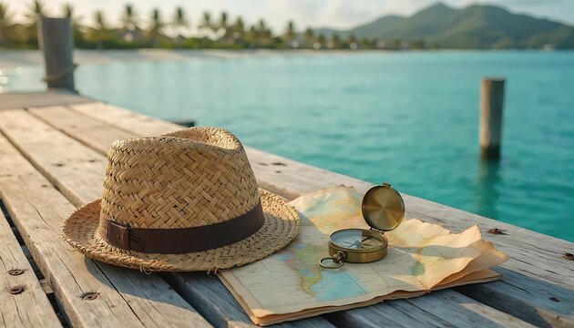 Vintage straw hat and brass compass on wooden pier, tropical island travel map, summer vacation adventure concept