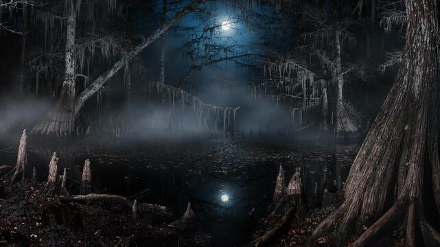 Mysterious moonlit swamp with foggy water and cypress trees reflecting in dark night landscape