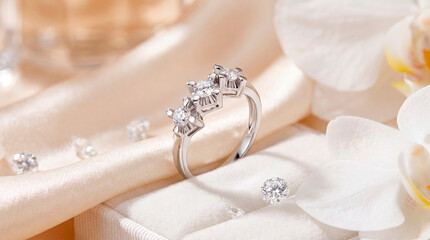 Naklejka premium Elegant three stone diamond trilogy ring in white gold, beautifully resting in a plush white velvet box surrounded by luxurious cream satin fabric and fresh white orchids.