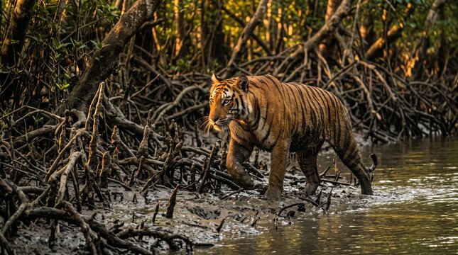 Royal bengal tiger walking in the mangrove forest