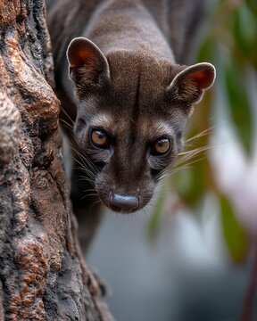 Wild Fossa Cryptoprocta Ferox Peering From Tree Trunk, Madagascar's Elusive Predator Close Up