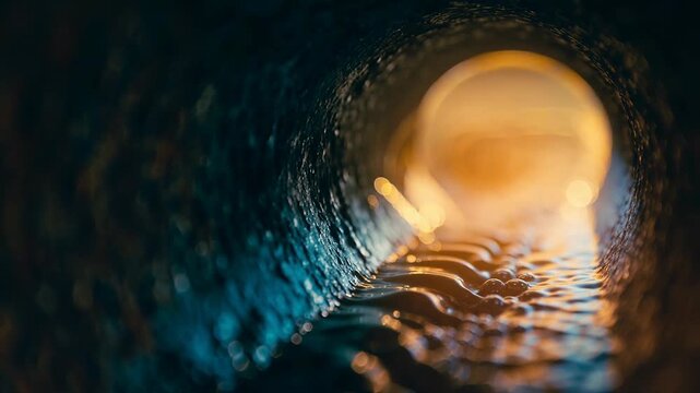 Close up view of water flowing inside a textured tunnel with glowing light at the end
