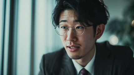 Fototapeta premium Young Asian professional intently speaking while wearing glasses and a suit, suggesting a business meeting concept with a thoughtful expression near a window