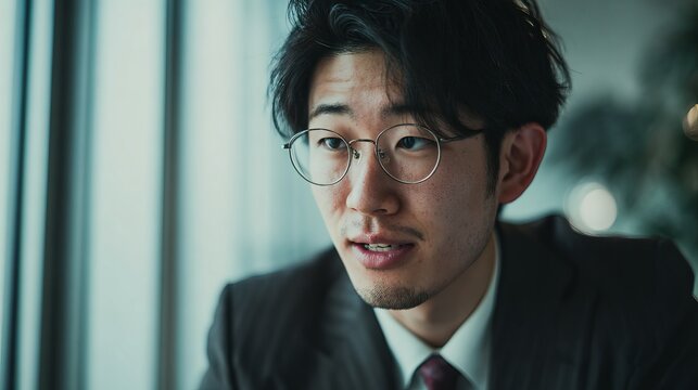 Young Asian professional intently speaking while wearing glasses and a suit, suggesting a business meeting concept with a thoughtful expression near a window