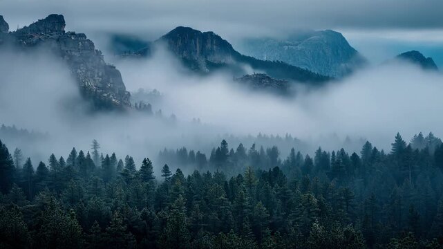 Misty mountain landscape with dense forest and fog covering rocky peaks under blue sky