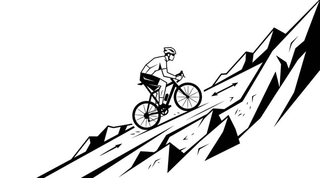 Active person riding bicycle down steep mountain path with arrows indicating downhill direction capturing journey and sport adventure