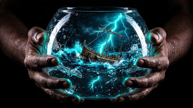 Ancient ship battling a storm inside a glass bowl held by hands