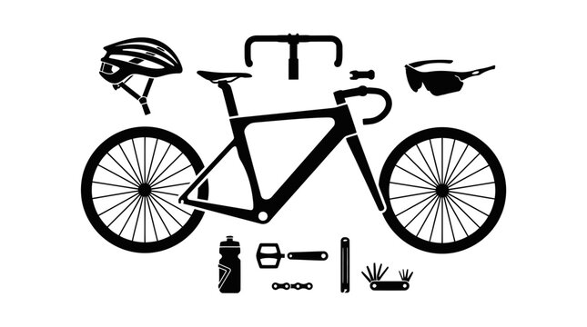 Professional Cycling Equipment Collection Displayed Assembled Bicycle Frame With Wheels Helmet Eyewear Water Bottle Pedals Chain And Repair Tools For Sports Enthusiasts And Athletes