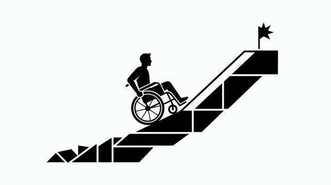 Person utilizing a wheeled chair ascends a constructed incline towards a goal marker representing progress and overcoming obstacles in life s journey and professional growth