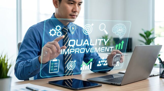 Businessman managing quality improvement strategy using a futuristic holographic interface with AI icons.