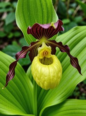 Naklejka premium Macro shot of yellow lady slipper orchid flower grows in forest environment. Rare wild cypripedium calceolus bloom displays purple petals, green leaves. Botanical beauty in natural habitat. Detail