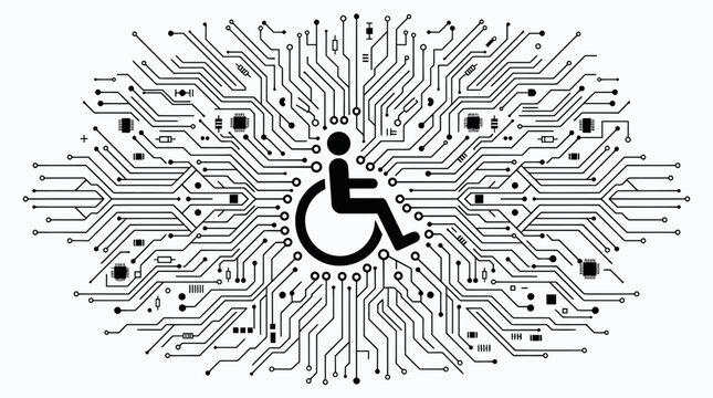 Digital accessibility concept featuring a wheelchair symbol integrated into a complex network of electronic circuits and futuristic processing paths symbolizing inclusivity in technology