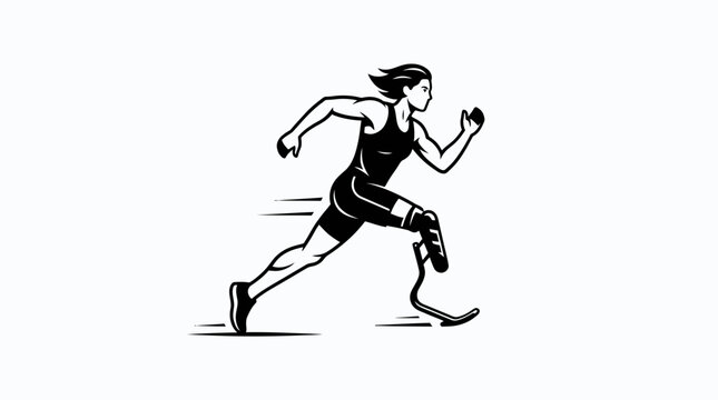 An inspiring silhouette of a female athlete running forward rapidly with a prosthetic leg demonstrating incredible perseverance and determination during a sporting competition event today