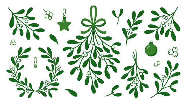 Mistletoe Christmas greenery vector set, green winter botanical branches with white berries, festive holiday foliage collection with mistletoe wreath and hanging ornaments isolated on White