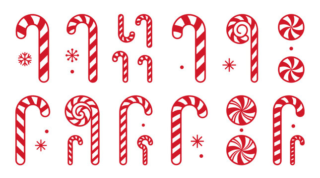 Christmas candy cane vector set, red and white peppermint holiday sweets collection, festive winter sugar treats for greeting cards, 16 striped candy icons for seasonal graphic design isolated