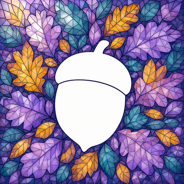 Negative Space Acorn in Stained Glass Low Poly Leaf Field Autumn Design