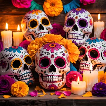 Altar tradicional del D&iacute;a de los Muertos con calaveras de az&uacute;car decoradas, velas encendidas y flores de cempas&uacute;chil