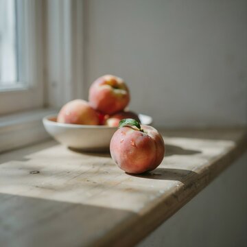 Melocotones frescos en un cuenco sobre una mesa de madera junto a la ventana con luz natural