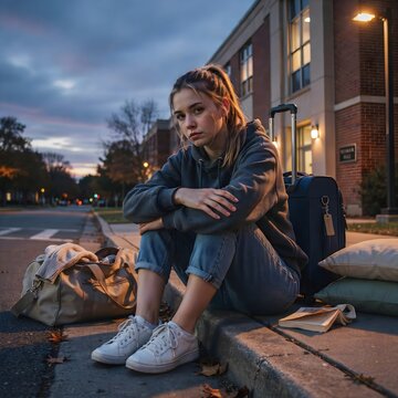 Joven mujer triste sentada en la acera con sus maletas de viaje durante el atardecer