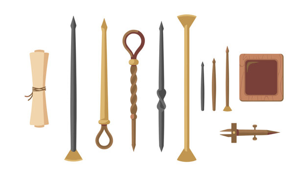Collection of ancient scribing tools, carved wooden stamps, drafting dividers, and rolled parchment scrolls.