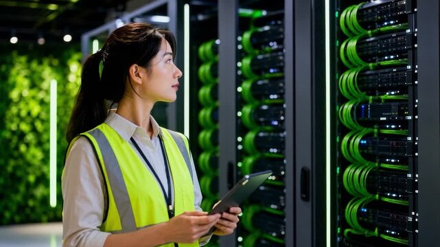 Data center technician checks tablet and looks across green-lit server racks