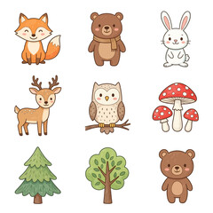 Naklejka premium A collection of cute woodland creatures and natural elements, including a fox, bear, rabbit, deer, owl, mushrooms, pine tree, and deciduous tree, are depicted in a charming cartoon style.