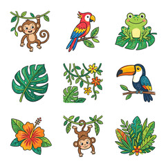 Naklejka premium Cartoon jungle animals and tropical plants are arranged in a grid, featuring a monkey, parrot, frog, toucan, and various foliage on a white background.