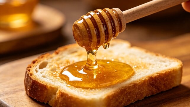 Golden honey dripping from wooden dipper onto fresh slice of toasted bread for breakfast.
