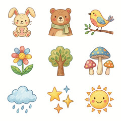 Naklejka premium A delightful collection of hand-drawn cartoon illustrations showcases various adorable animals, cheerful plants, and charming weather elements, presented on a clean white background.