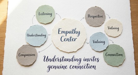 Naklejka premium Empathy Center Diagram: Understanding Invites Genuine Connection Through Listening, Perspective, and Valuing