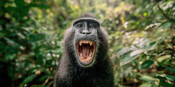 Wildlife species featuring a black monkey with an open mouth showing large teeth, resting in its natural tropical forest habitat