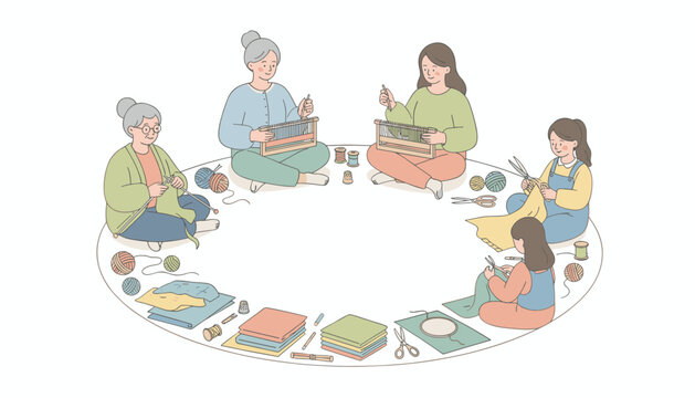 Group of women sitting in a circle on the floor weaving textiles and knitting with colorful yarn and sewing tools.