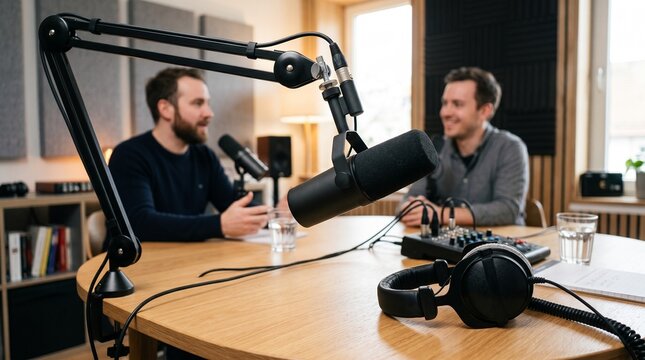 Professional podcast studio recording session, two men talking into microphones, radio broadcasting and digital media production