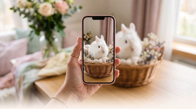 White bunny in wicker basket on smartphone screen. Hand holding phone taking photo of Easter rabbit. Soft spring aesthetic.