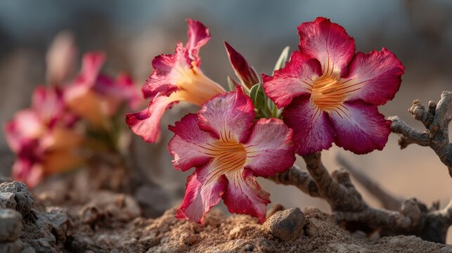 Adenium features stunning flower hues and is a low-maintenance plant that thrives in dry conditions, often referred to as Desert Rose