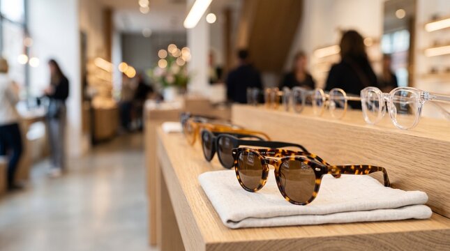 Modern eyewear boutique interior, stylish sunglasses on wooden display shelf, professional optical store with blurred customers
