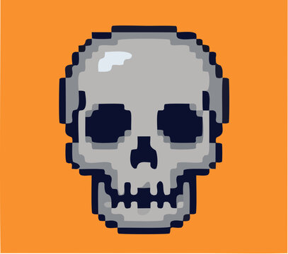 Retro pixel art human skull illustration on a vibrant orange background