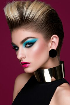 Glamorous young woman with bold 1980s high-fashion makeup, featuring dramatic turquoise eyeshadow and sculpted blonde pompadour hairstyle against a vibrant magenta background