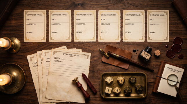 Murder mystery game table with blank character sheets and vintage detective props