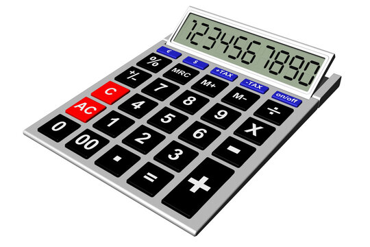 ona PNG con sfondo trasparente raffigurante una calcolatrice elettronica con display numerico e tasti funzionali. Ideale per concetti di finanza, contabilit&agrave;, matematica, calcoli, business, economia